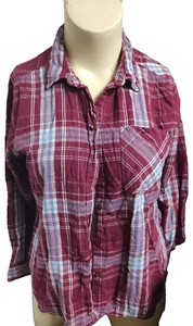 TIME N TRU Women Plaid Button Up Top Blue Burgundy size L 12/14 - Picture 1 of 3