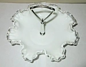 Vtg Fenton Candy Dish Tidbit Bowl Silver Crest Milk Glass Metal Handle 8" Tall - Picture 1 of 3