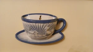 Maceta pequeña de bolsillo de pared con taza de café y platillo ~ arte de cerámica azul bonito - Imagen 1 de 9