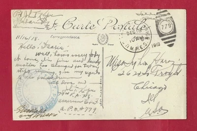 US WWI APO 779 Dec 18, 1918 on censored Paris, FRANCE Hotel pc to IL, Very Fine - Image 1 of 2