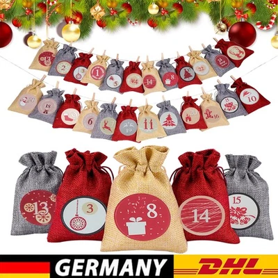 24 Stk Jutebeutel Weihnachtskalender Stoff Säckchen Adventskalender zum Befüllen - Bild 1 von 4