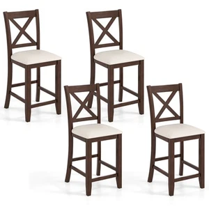 Rubber Wooden Bar Stools Set of 4 w/ Footrest Comfortable Linen Cushion - Picture 1 of 9