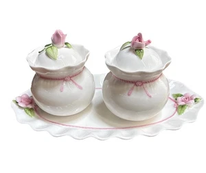 Vintage viktorianische Capodimonte rosa Rose Hankook Bone China Zuckerdosen mit Tablett - Bild 1 von 4