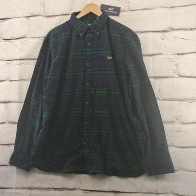Vineyard Vines Shirt Mens Large Green Blue Flannel Plaid Whale Classic Fit - Image 1 of 4