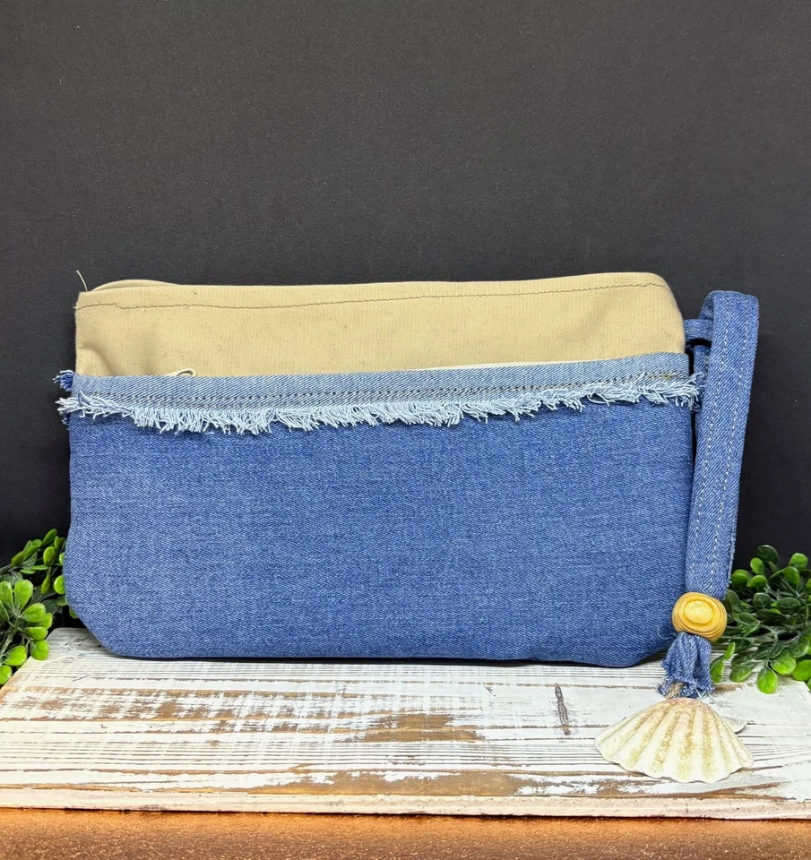 Bolso sin asas boho hecho a mano con flecos de mezclilla caqui 9,5"x6" Foto 1 de 1