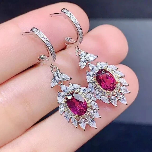 2CT Oval Lab Created Red Ruby Halo Drop Dangle Earrings In 14K White Gold Plated - Image 1 of 4