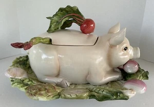Fitz Floyd Garden French Market Figural Pig Sculptured Soup Tureen Platter Ladle - Picture 1 of 21