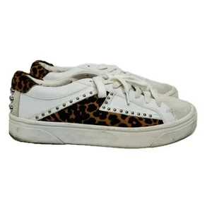 Zara Low Top White Leather Sneakers Womens 10 EU41 Leopard Print Studded - Picture 1 of 12