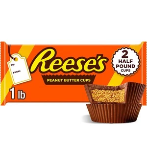 REESE'S Milk Chocolate Half-Pound Peanut Butter Cups, Candy Pack, 16 oz 2 Pieces - Picture 1 of 1