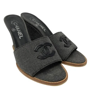 CHANEL Vintage CC Mark Logo Heels Sandals Mules #36.5-37 Black Brown Denim - Picture 1 of 12