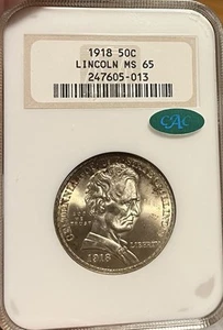 1918 Old Fatty Holder NGC & CAC MS65 Lincoln Commemorative Silver Half Dollar - Picture 1 of 5