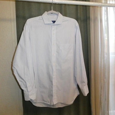 Tom James Custom Made Dress Shirt Men's 17/XL Blue Pinstripe Made in USA - Image 1 of 4