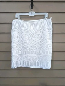 CHICO'S Size 2 Large White Ivory Bohemian Crochet Lined Zip Knee Skirt - Picture 1 of 9