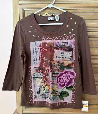 NWT New Caribbean Joe Brown Embellished Design Top Shirt 3/4 Sleeves Small S - Image 1 of 3