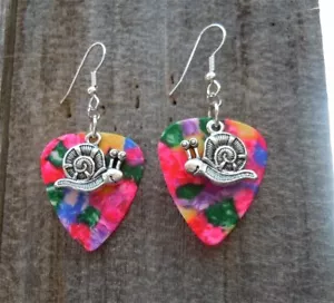 Snail Charm Guitar Pick Earrings - Pick Your Color - Picture 1 of 14