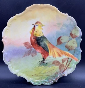 ANTIQUE LIMOGES PLATE PLAQUE GAME BIRD PHEASANT SIGNED GOLD YELLOW TAIL FRANCE - Picture 1 of 12