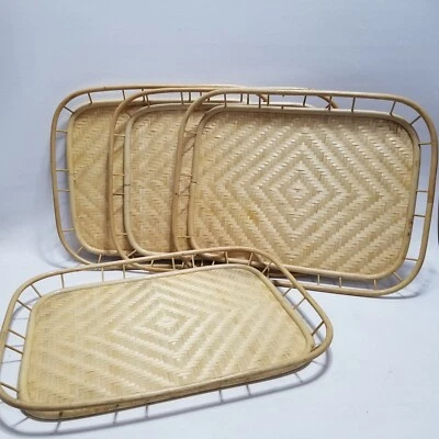 LOT of 4 - Vtg Bamboo Woven Rattan Wicker Trays - 19x15 - Diamond Pattern Tiki - Image 1 of 4