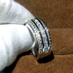 3Ct Princess Cut Lab Created Diamond Men's Wedding Band Ring 14K White Gold Over - Picture 1 of 1