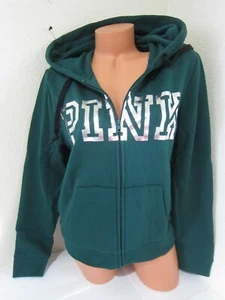 BLING Victoria Secret Pink GREEN ❤️ SILVER FOIL LOGO ZIP UP SWEAT SHIRT HOODIE L - Picture 1 of 3