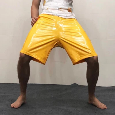 Pantalones Cortos Sueltos de Cuero Sintético para Hombres Brillantes Metálicos Aspecto Húmedo Medio Pantalones Punk Parte Inf Foto 1 de 4