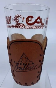Libby Bamco Wallace Westward Ho Glass AOL Leather Drink Koozi Barware Vtg 90's - Picture 1 of 12