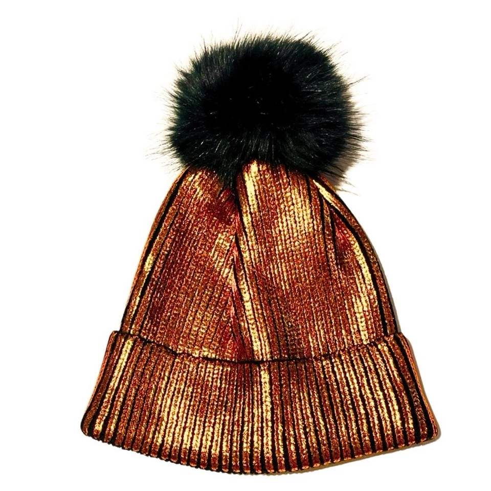 Adrienne Landau 人造毛皮绒球金属橙色豆豆帽 OS 全新带标签 MSRP $75 — 第 1/3 张图片