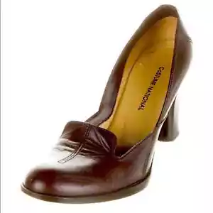 Costume National Brown Leather 3.5" Block Heel Round toe shoes Sz 7 Dk Academia - Picture 1 of 9