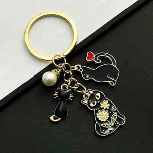 Cartoon Black Cat Charm Keychain Enamel Alloy Backpack Purse Bag Car Key Ring - Picture 1 of 4