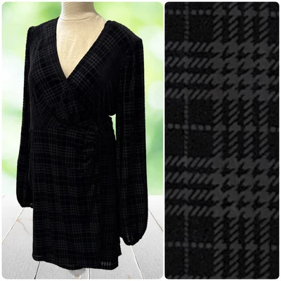 GIANNI BINI Dress XL Black Check Velvet Burnout Wrap Balloon Sleeve Whimsigoth - Image 1 of 4