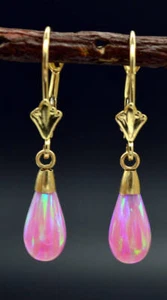 14K Solid Yellow Gold Tear Drop Pink Fire Opal Leverback Dangle Earrings - Picture 1 of 4
