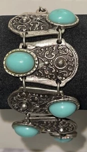 Vintage Silver Tone Blue Cabochons Chain Bracelet Jewelry Bon6-18 - Picture 1 of 15
