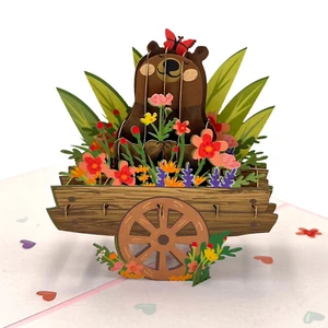 Pop Up Greeting Card Joyful Bear in Flower Gift Wooden Cart Nature Card Cartoon - Picture 1 of 7