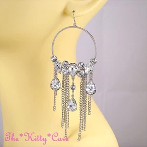 Big Silver Rhodium Crystal Hoop Bling Drop Tassels Statement Chandelier Earrings - Picture 1 of 3