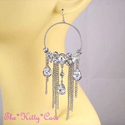 Big Silver Rhodium Crystal Hoop Bling Drop Tassels Statement Chandelier Earrings - Image 1 of 3