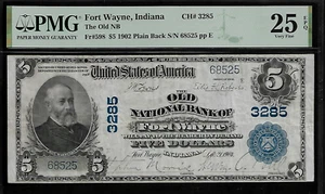 US 5 Dollars 1902 PMG 25 EPQ Fr #598 Fort Wayne, Indiana The Old NB CH#3285 - Picture 1 of 4