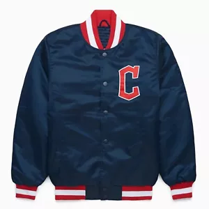 MLB Cleveland Guardians Navy Blue Satin Baseball Letterman Jacket Varsity Jacket - Picture 1 of 6