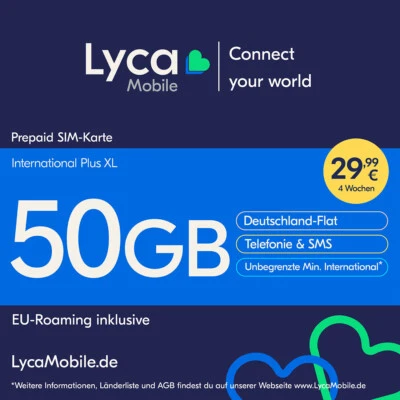 Lyca Mobile Prepaid Smartphone SIM Karte ohne Vertrag International Plus XL 50GB