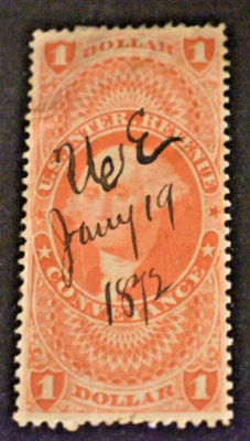 1862 US Stamp Scott #R66c - $1 - Revenue Conveyance - Used/LH/NG/VF - Image 1 of 2