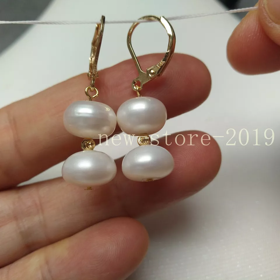 Natural AAA+ Akoya White Oval Pearl Leverback Earrings 14k Gold P - Image 1 of 4