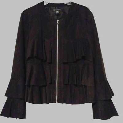 Inc. International Concepts Black Faux Suede Tiered Ruffle Zip Jacket Large - Image 1 of 4