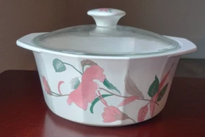 Mikasa China Silk Flowers 1980s 9.5" x 4" Covered Dish Glass Lid Metal Marks - Picture 1 of 12