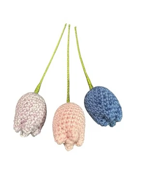 NUEVO Hecho a Mano Crochet Flores Artificiales Tallo Largo 3 TULIP Rosa Morado Azul Foto 1 de 4