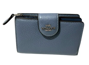 Coach Geldbörse mit Druckknopf glänzendem genarbtem Leder kleine Clutch blau mit Reißverschluss Kreditkarte DL - Bild 1 von 17