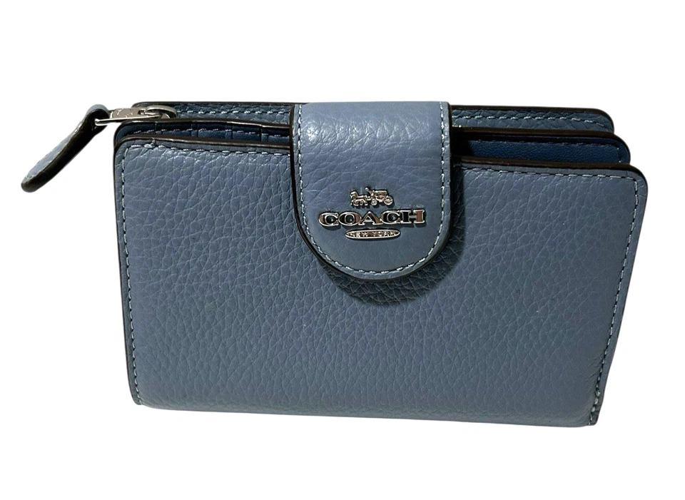 Coach Snap Wallet Shiny Pebbled Leather Small Clutch Blue w/Zip Credit Card DL - Image 1 of 4