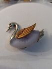 Vintage Swan Brooch Frosted Blue Glass Body  Goldtone Wing Silver Head Pin Bird