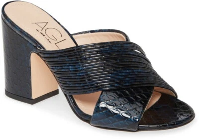 Sandalias AGL Azul Marino Serpiente Pitón Repujado Correa Cruzada Tacón Bloque Deslizables 38EU = 8US Foto 1 de 4