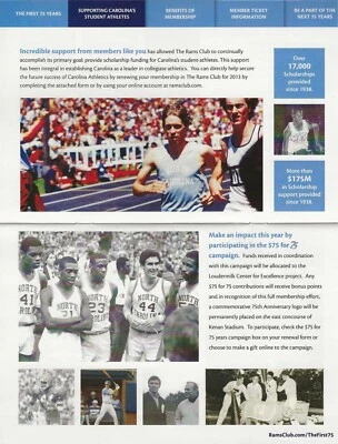 March 2013 North Carolina Tar Heels THE RAMS CLUB 75th ANNIVERSARY Brochure HTF - Image 1 of 3