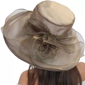 Womens Ladies Organza Church Wide Brim Hat Sun Hat Summer Reversible Beach Ha... - Picture 1 of 4