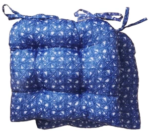 SET OF 2 THICK REVERSIBLE CUSHION CHAIR PADS w/ties (16"x17") BLUE & WHITE, T&CL - Picture 1 of 13