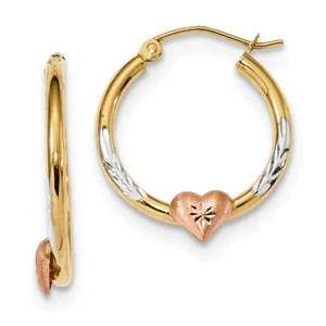 14k 14kt Tri-Color Tri-color Diamond Cut Heart Hoop Earrings 23.42mm X 20.16mm - Picture 1 of 2